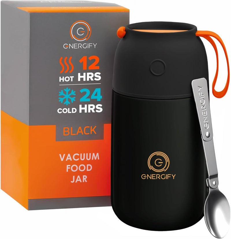 ENERGIFY Vacuum Insulated Food Jar. Large 24oz Bowl incl. Folding Spoon, Cup. Wide Mouth Keep Hot & Cold Drinks Soup Lunch Container for Adults. BPA-Free Stainless Steel, Leak Proof Black Matte - Image 1